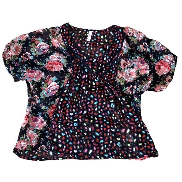 Xhilaration Sheer Relaxed Fit BOHO Top Colorful Mixed Floral on Black S #284M - Picture 1 of 9